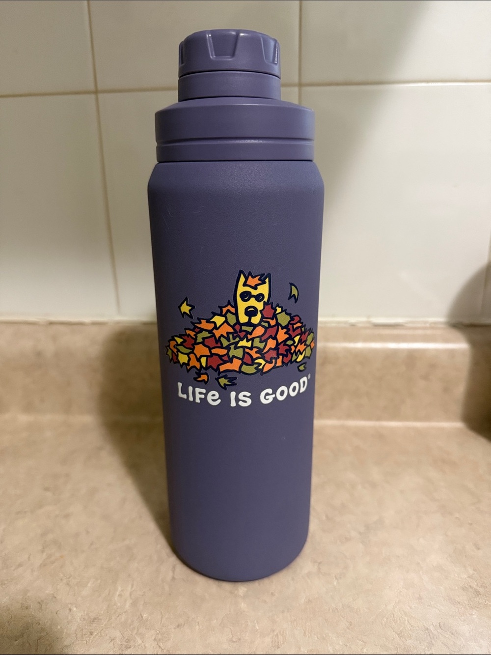 Life Is Good Purple 26oz Water Bottle with Dog and Fall Leaves Graphic
